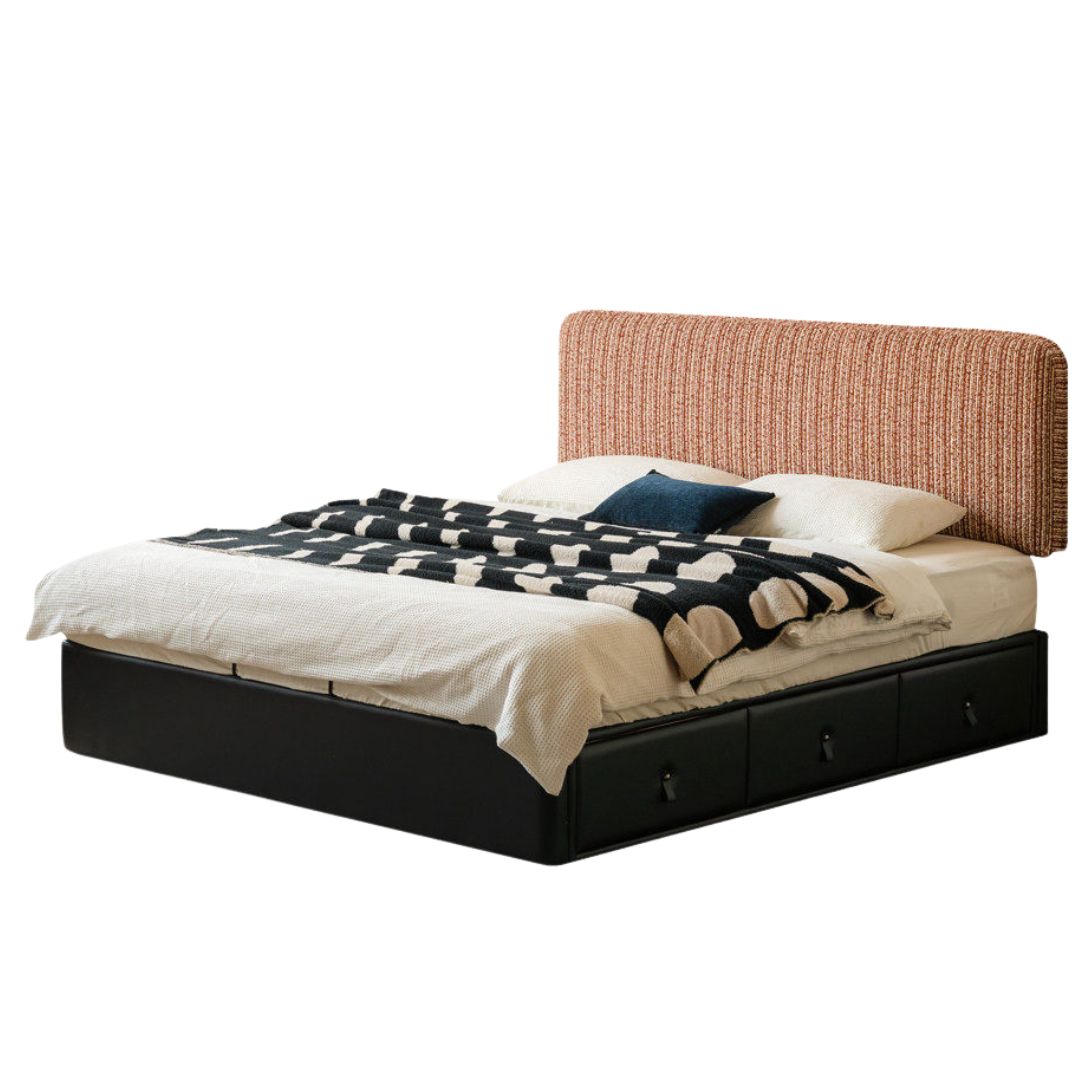 Terracotta Corduroy Storage Bed with Adjustable Headboard and Black Faux Leather Base