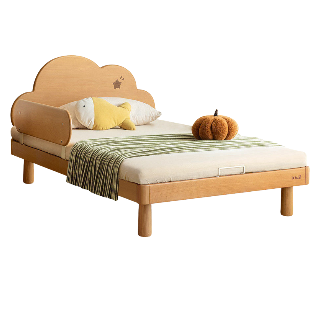 Beech Solid Wood Kids Montessori Platform Bed with Cloud Headboard