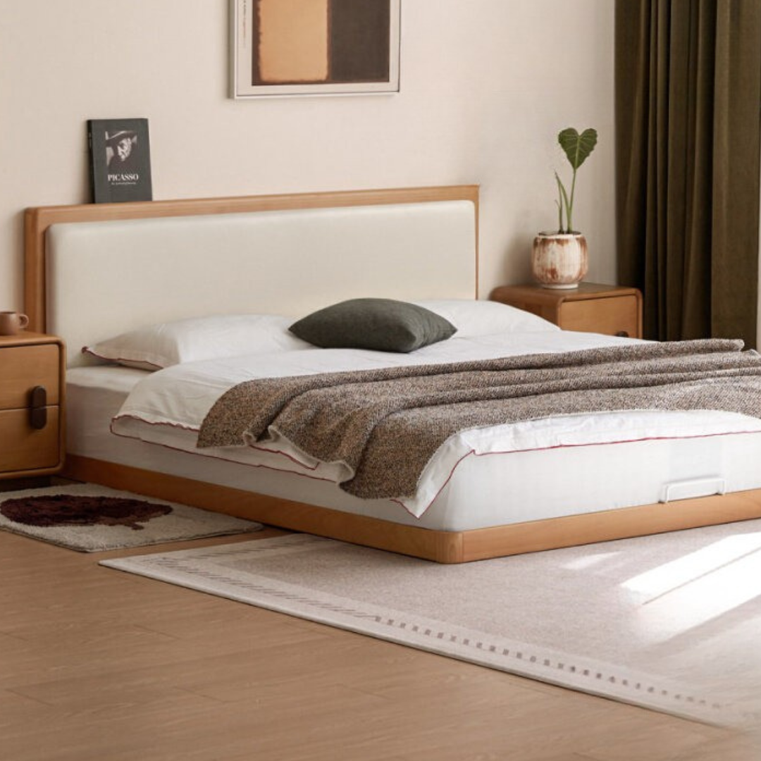 Beech Solid Wood Bed – Platform Bed with Soft Upholstery