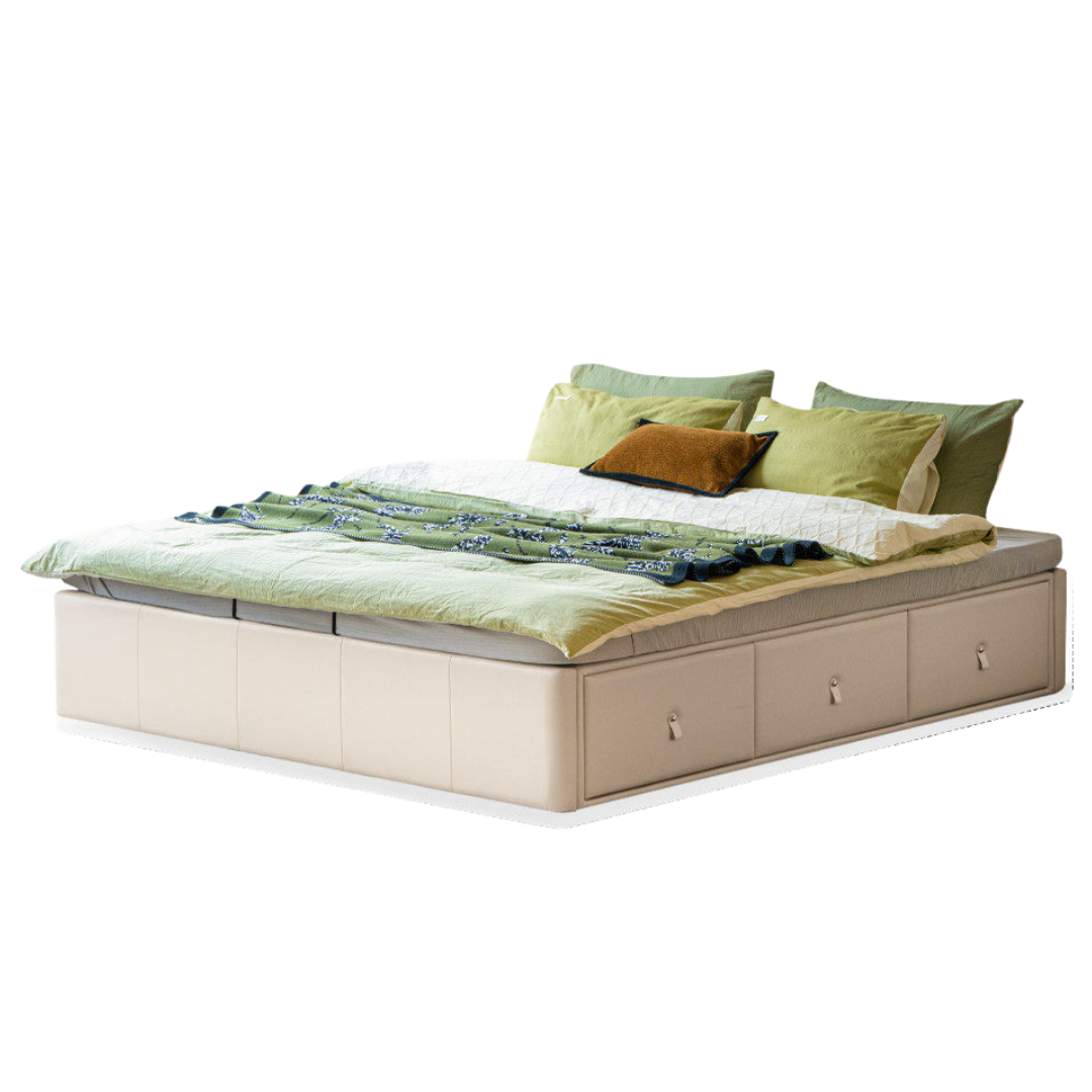 Upholstered Storage Platform Bed, Modern Minimalist White Eco Leather Tatami Bed with Box Storage