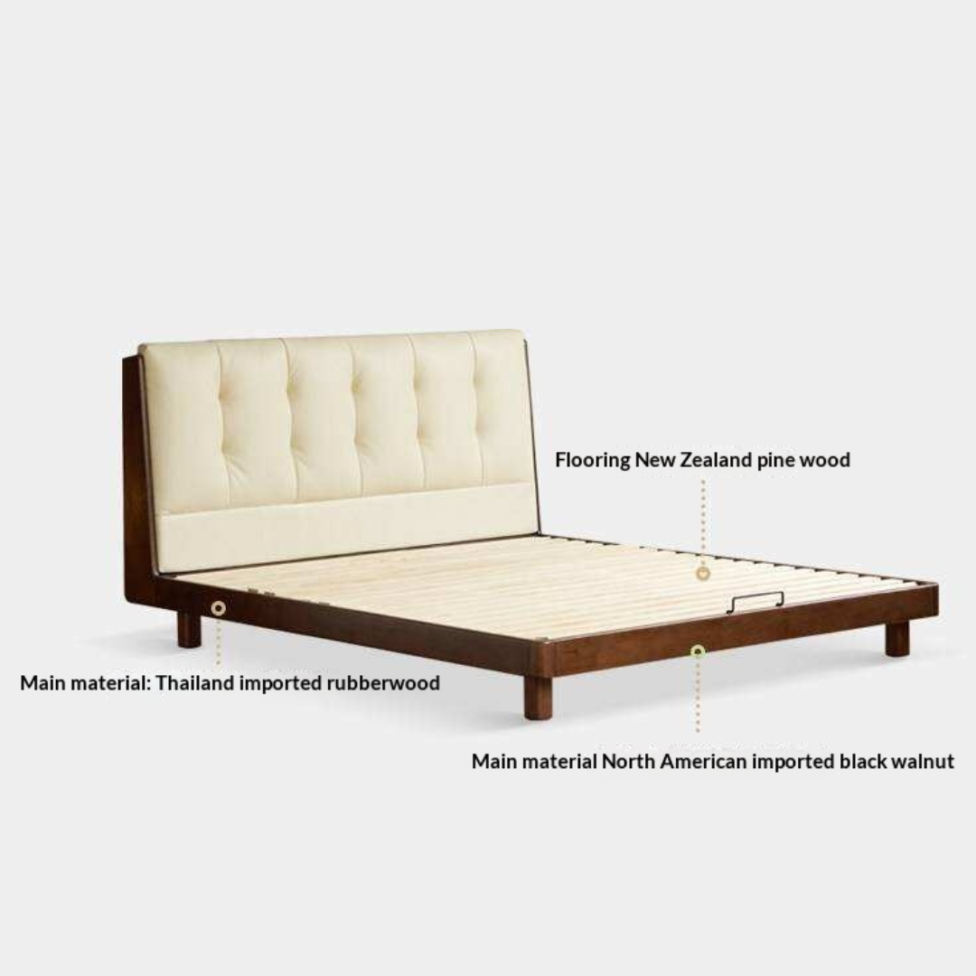 Rubberwood Solid Wood Italian Style Bed with Leather Headboard and Soft Goose Down Cushion