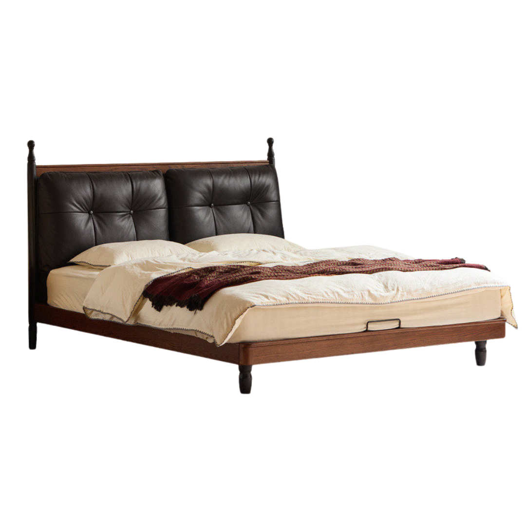 Oak Solid Wood Four Poster Bed with Tufted Headboard