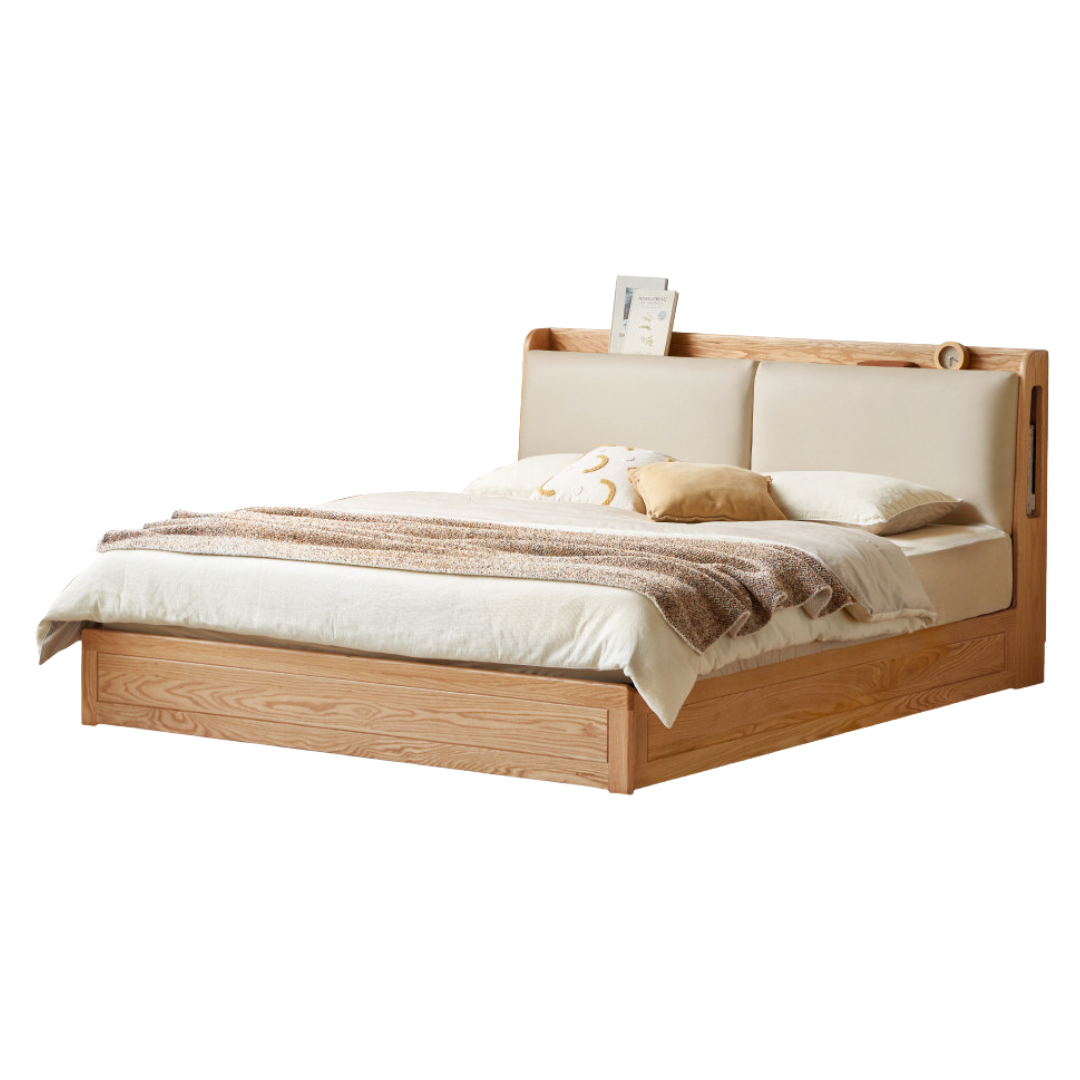 Oak Solid Wood Lift-Up Storage Bed with Upholstered Headboard