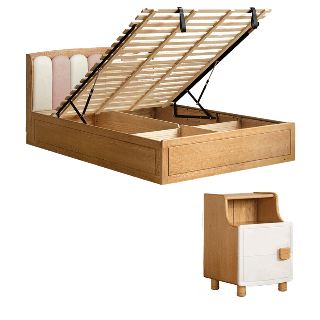 Oak Solid Wood Kids Bed with Adjustable Channel-Tufted Headboard and Gas-Lift Storage