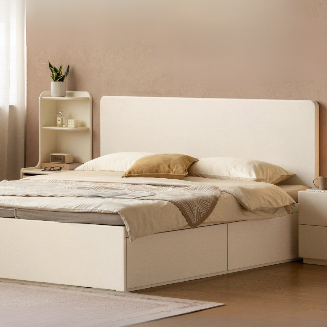 Rubberwood Solid Wood Platform Storage Bed with Gas Lift Base and Side Drawers