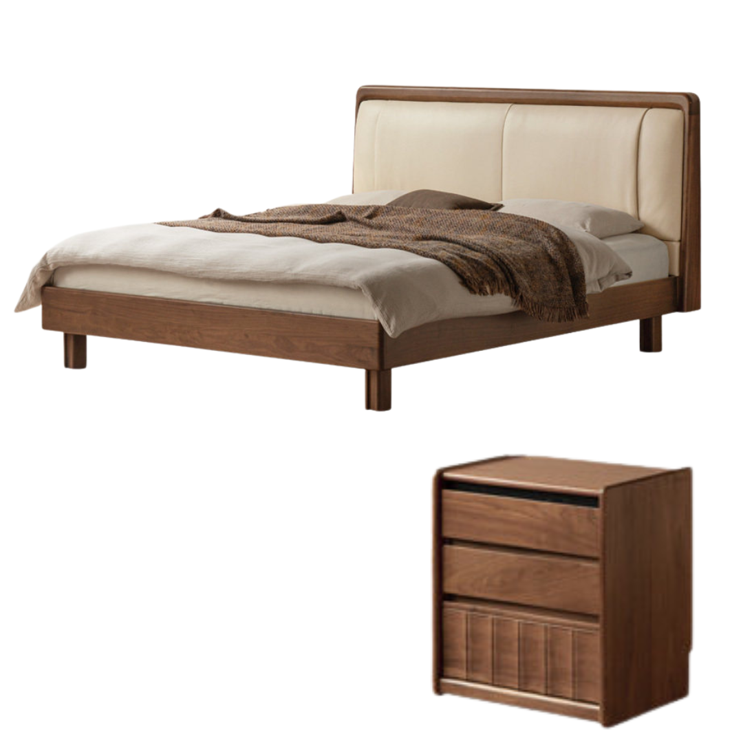 Black Walnut Solid Wood Italian Genuine Leather Bed with Down-Filled Upholstered Headboard