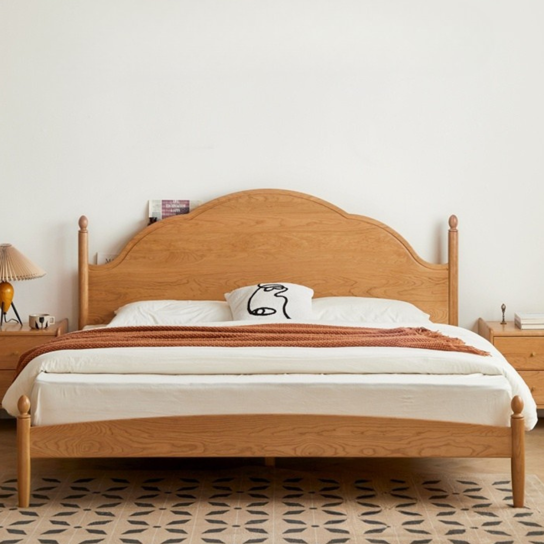 Cherry Solid Wood Bed with Arched Headboard and Turned Posts