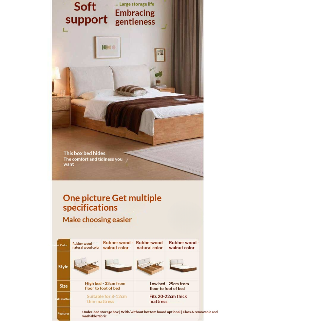 Rubberwood Solid Wood Storage Bed with Lift-Up Base and Soft Upholstered Headboard