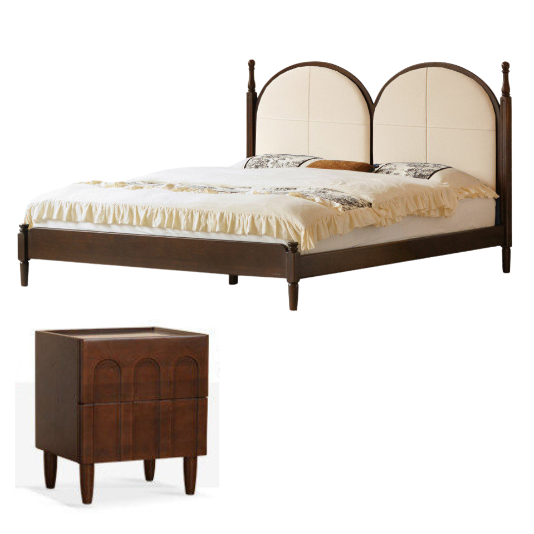 Poplar Solid Wood Bed with Double Arched Upholstered Headboard and Turned Wood Posts