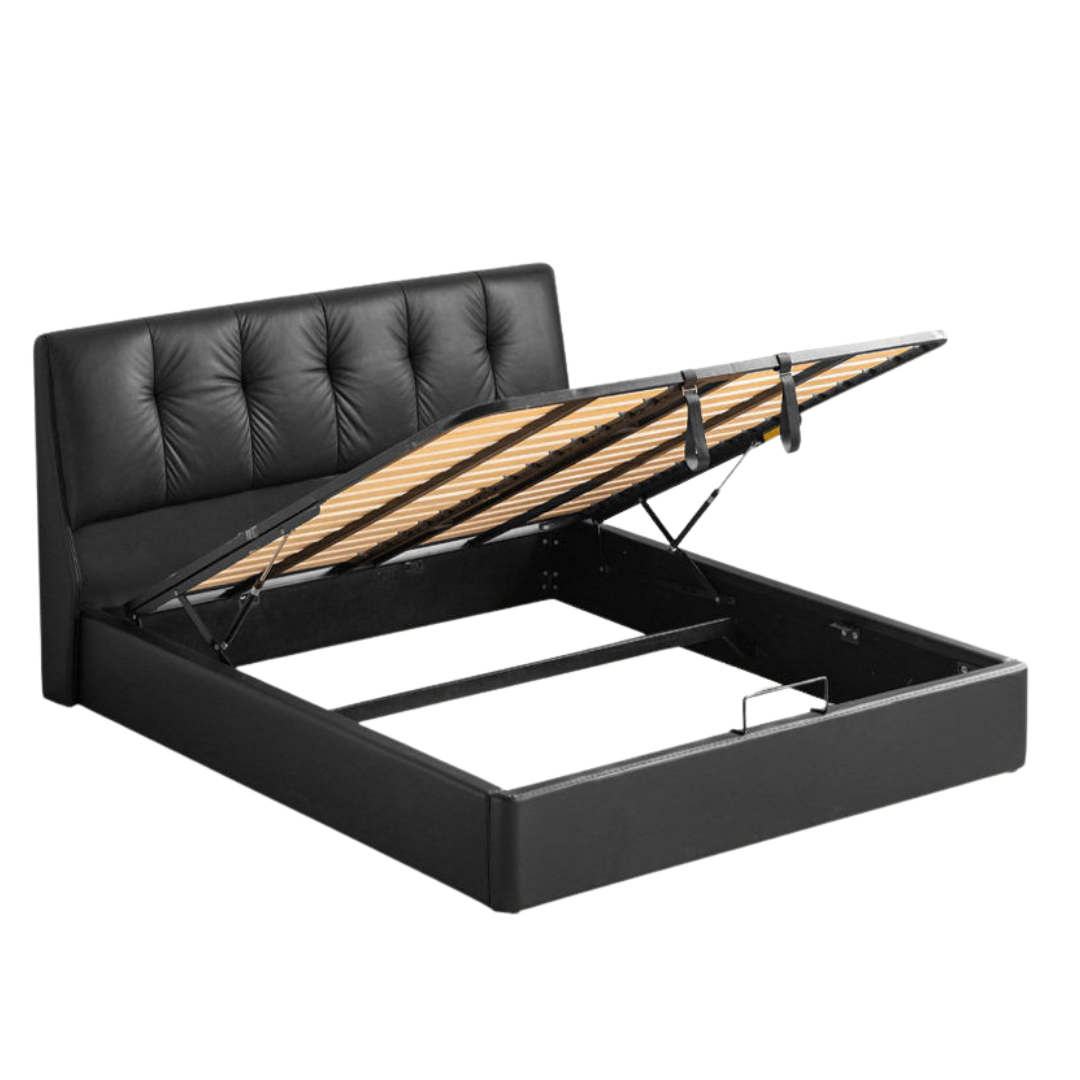 Genuine Leather Storage Bed with Tufted Headboard and Drawers