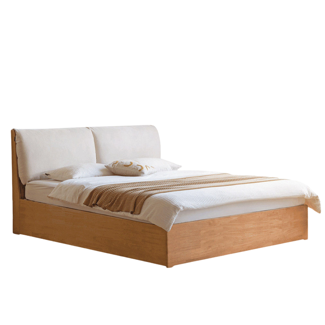 Rubberwood Solid Wood Storage Bed with Lift-Up Base and Soft Upholstered Headboard