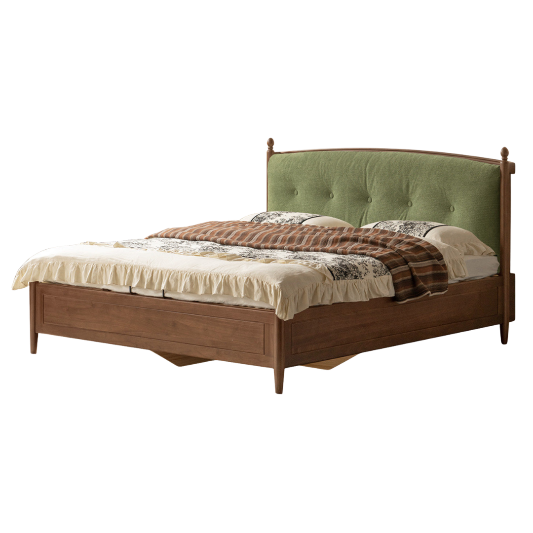 Black Walnut Solid Wood Four Poster Storage Bed with Tufted Headboard and Gas Lift