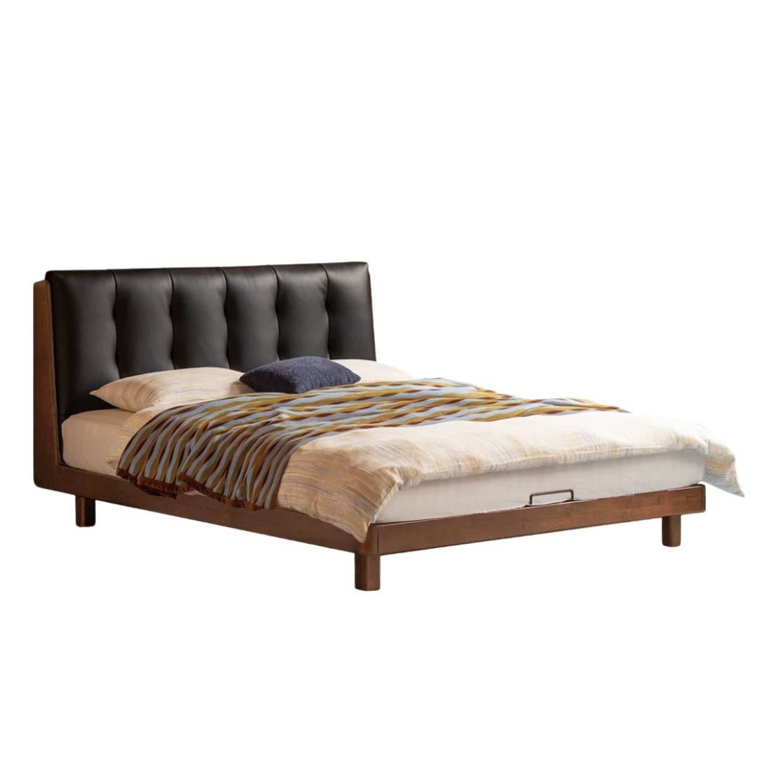 Black Walnut, Rubberwood Solid Wood Leather Upholstered Platform Bed with Vertical Channel Tufted Headboard