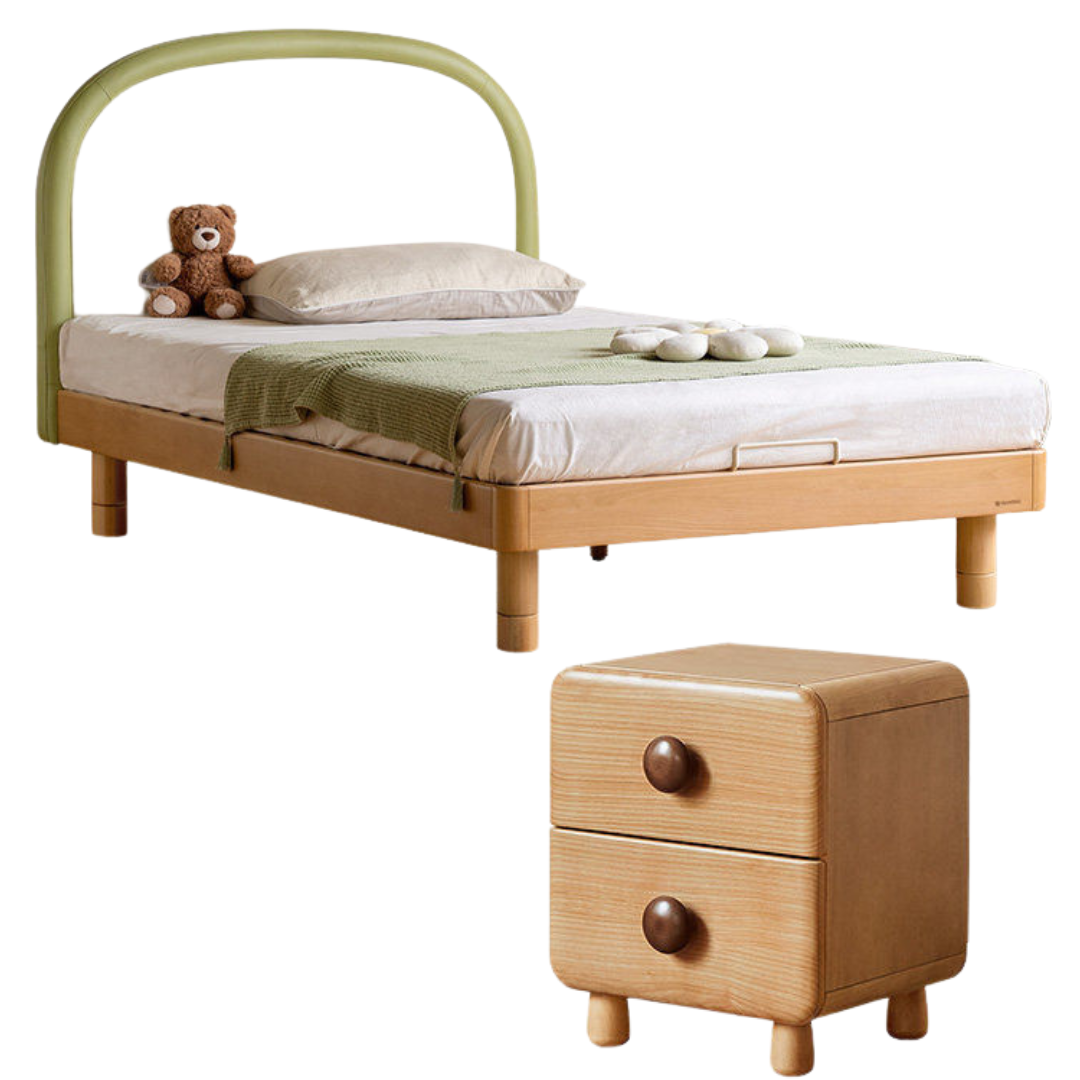 Beech solid wood Kids Bed with Round Headboard and Adjustable Height Legs