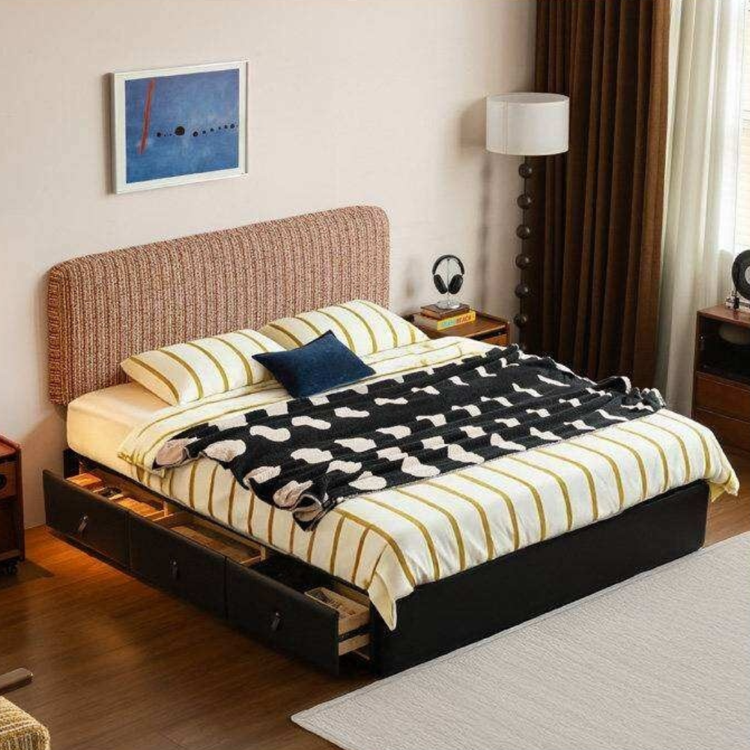 Terracotta Corduroy Storage Bed with Adjustable Headboard and Black Faux Leather Base