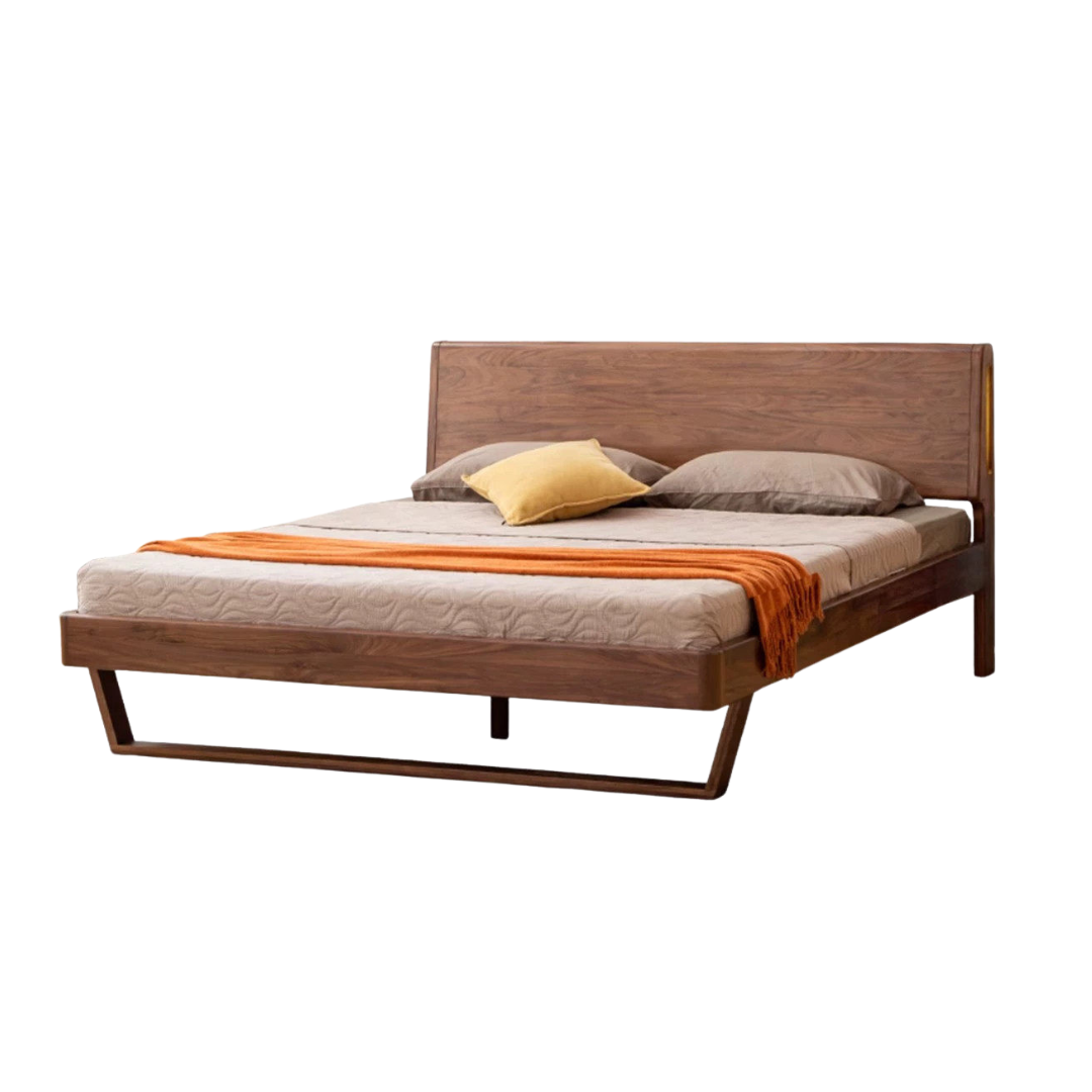 Black Walnut Solid Wood suspended bed with Ambient LED Headboard Lighting