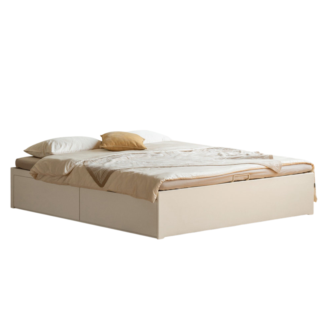 Rubberwood Solid Wood Platform Storage Bed with Gas Lift Base and Side Drawers