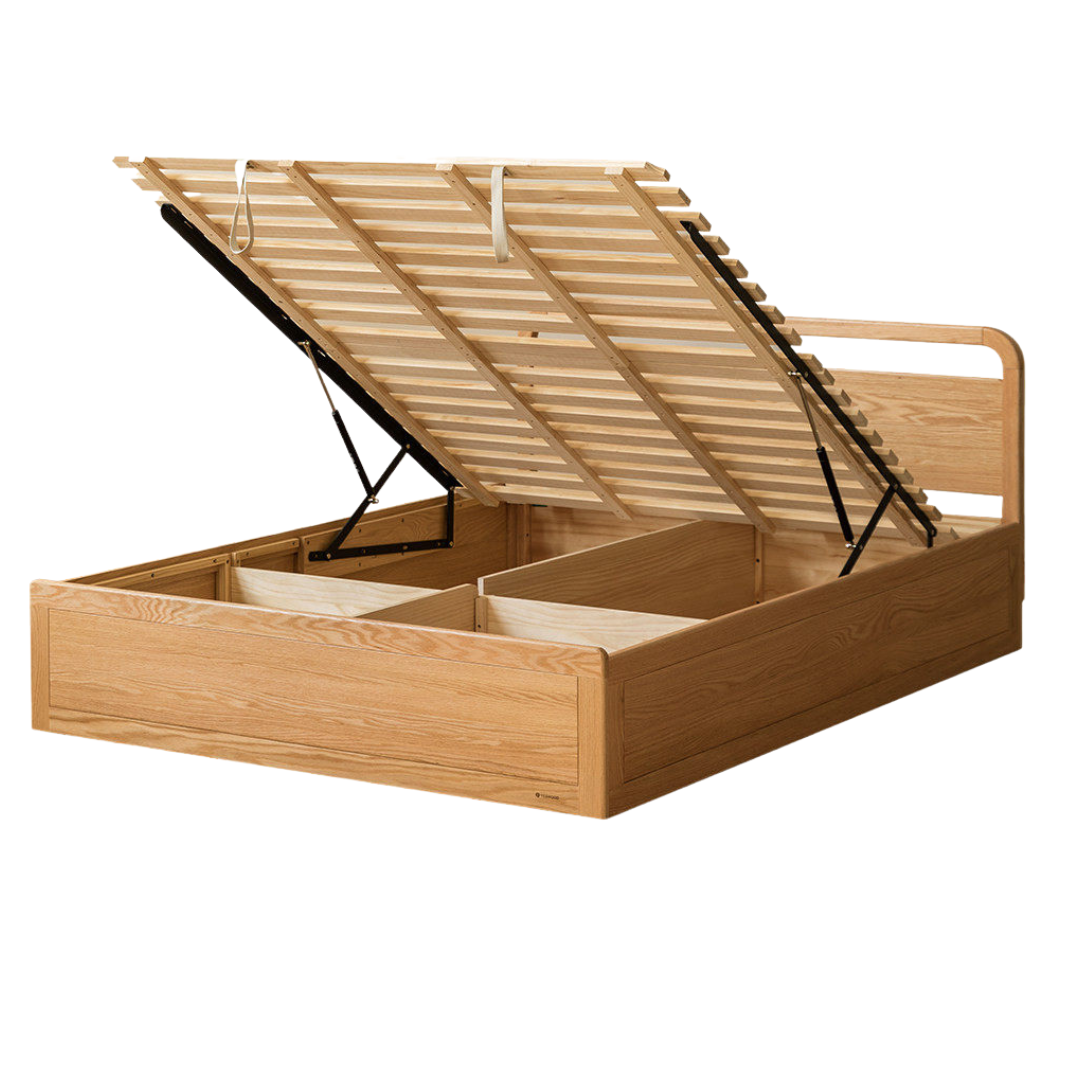 Oak, Rubberwood Solid Wood Storage Bed with Adjustable Height and Gas Lift