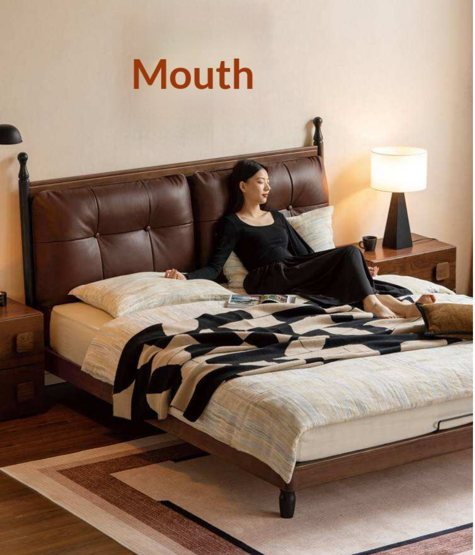 Black Walnut Solid Wood Leather Four Poster Bed with Tufted Headboard