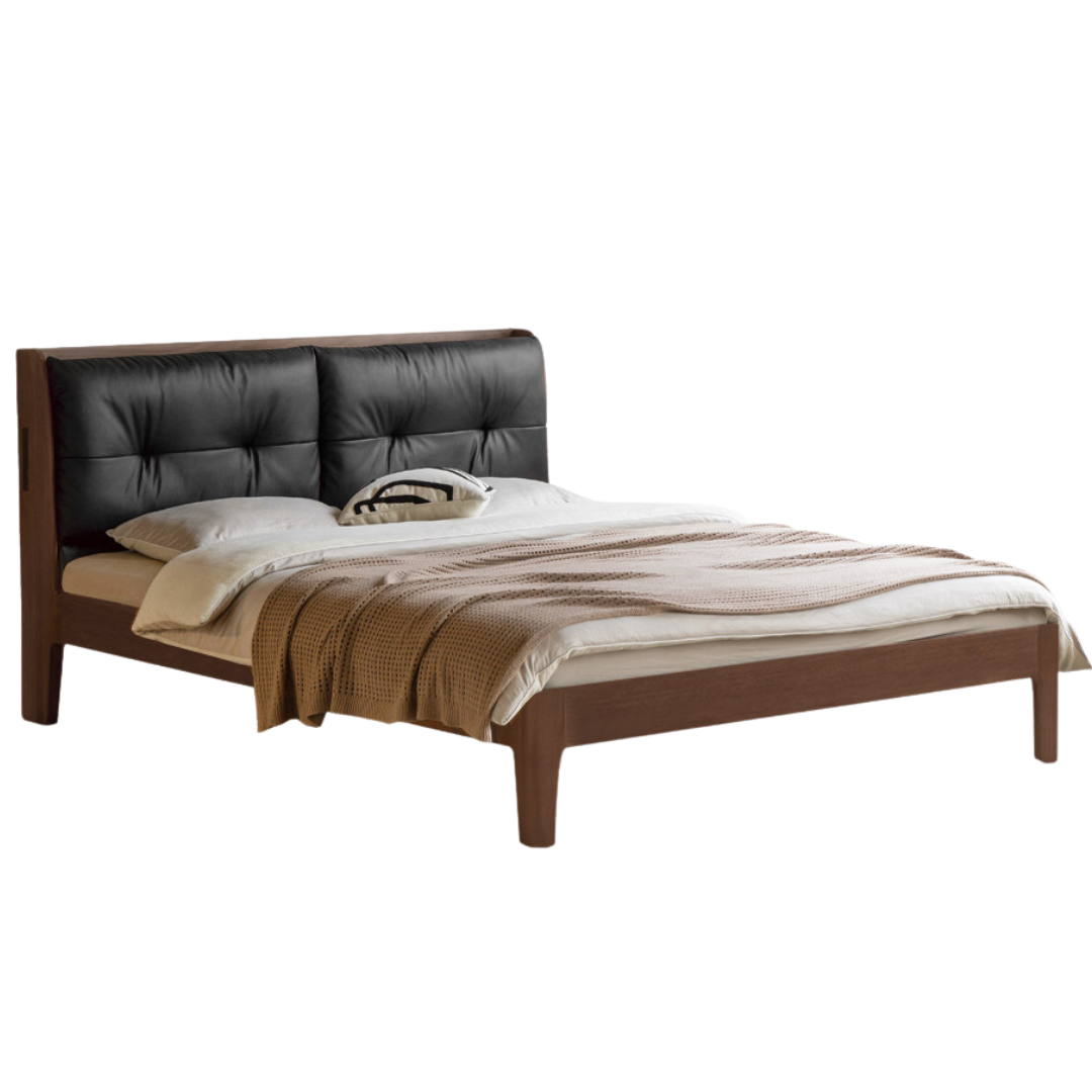 Black Walnut, Sandalwood, Catalpa, Golden Rosewood Solid Wood Bed — Genuine Leather Upholstered, Simple Luxury Design