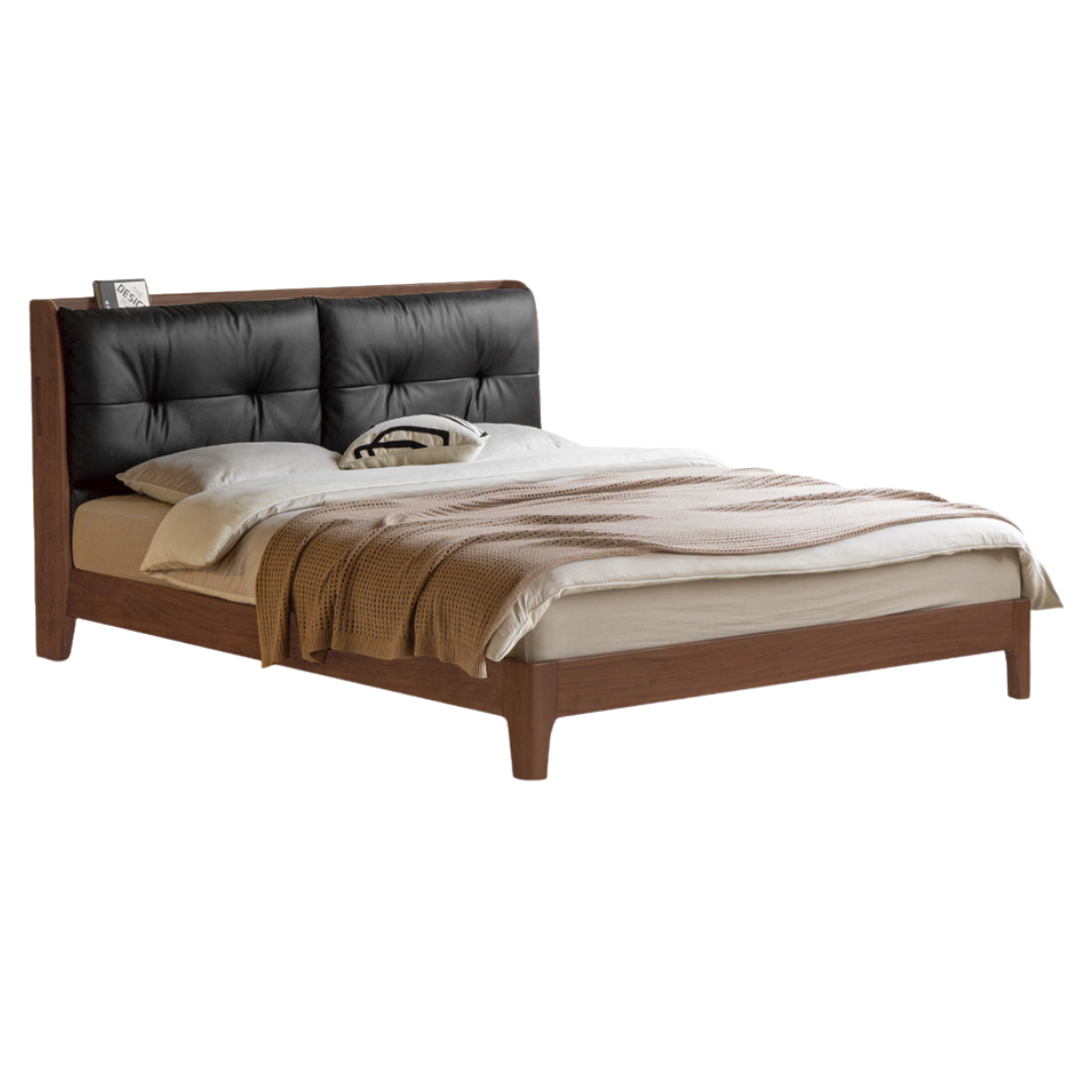 Black Walnut, Sandalwood, Catalpa, Golden Rosewood Solid Wood Bed — Genuine Leather Upholstered, Simple Luxury Design