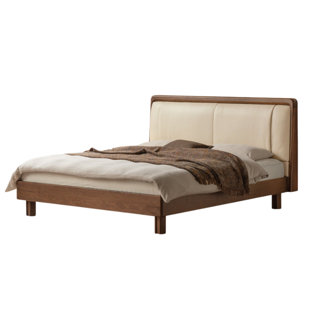 Black Walnut Solid Wood Italian Genuine Leather Bed with Down-Filled Upholstered Headboard