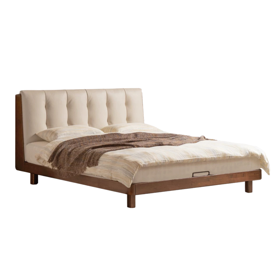 Black Walnut, Rubberwood Solid Wood Leather Upholstered Platform Bed with Vertical Channel Tufted Headboard
