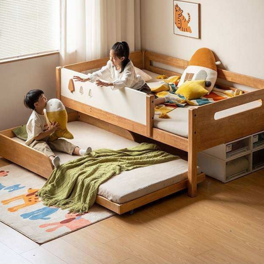Rubberwood Solid Wood Kids Daybed with Trundle and Safety Guardrails