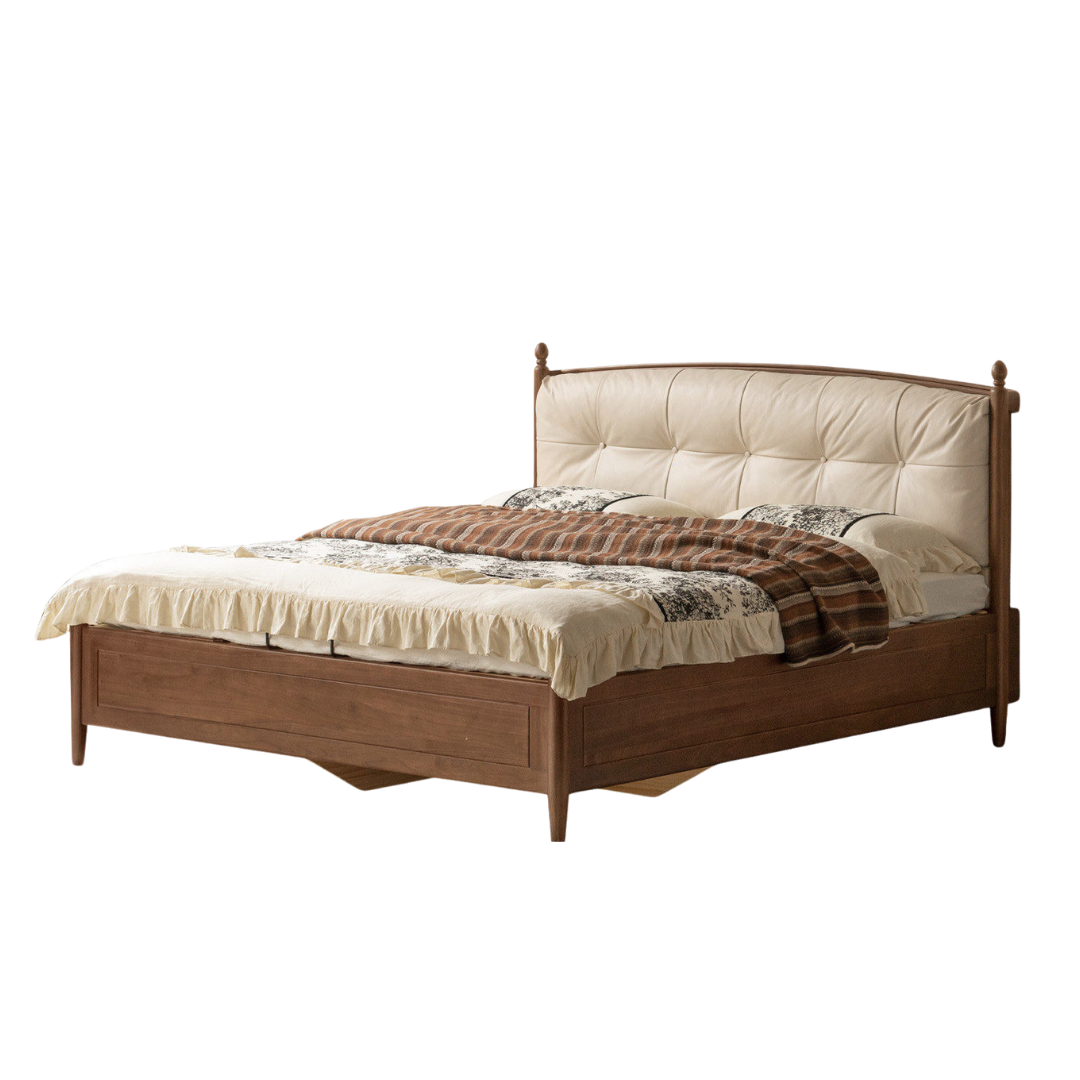 Black Walnut Solid Wood Four Poster Storage Bed with Tufted Headboard and Gas Lift