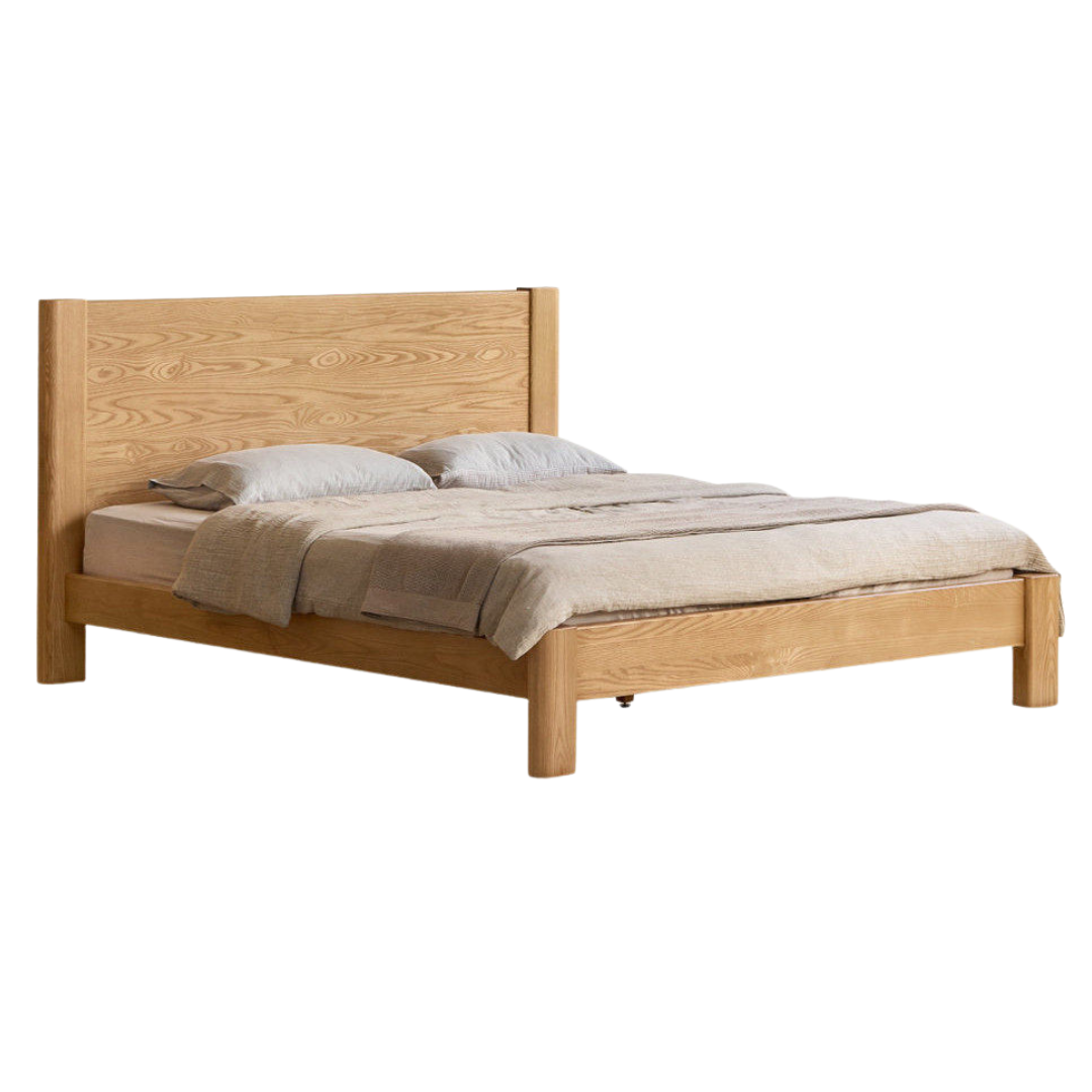 White Ash Solid Wood Platform Bed with Tall Flat Panel Headboard