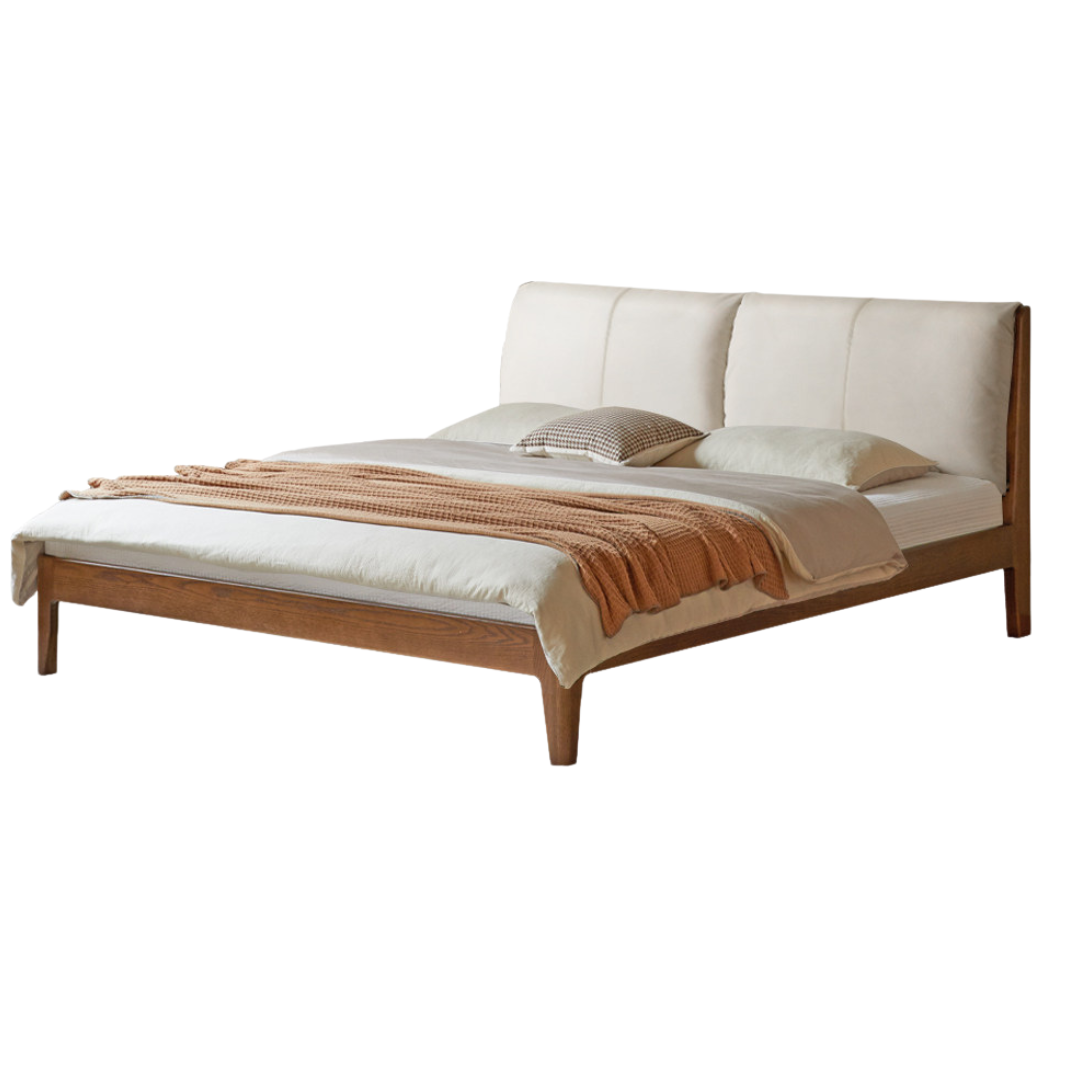 Oak Solid Wood Bed — Genuine leather, Fabric Upholstered Design