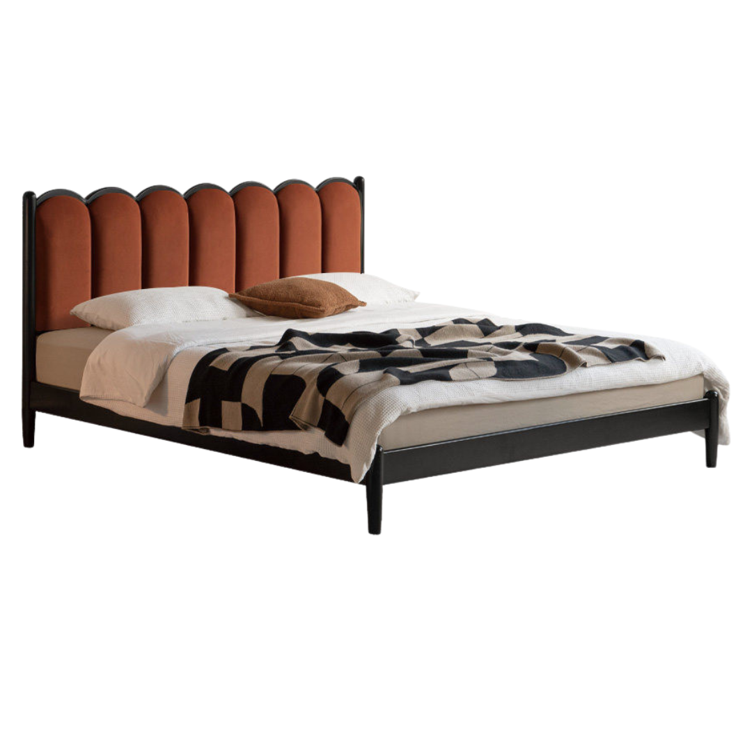 Rubberwood, Poplar Solid Wood Leather Scalloped Channel-Tufted Upholstered Headboard Bed