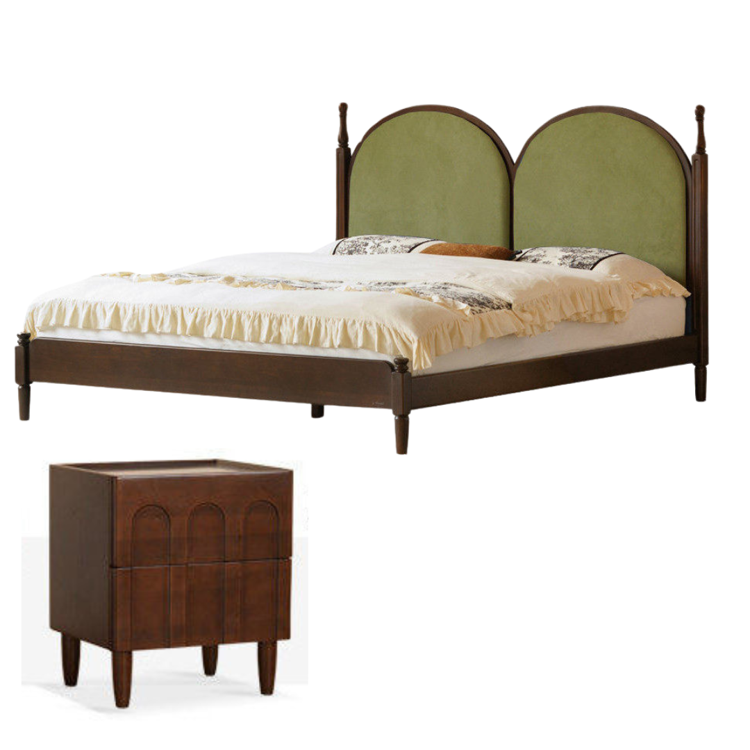 Poplar Solid Wood Bed with Double Arched Upholstered Headboard and Turned Wood Posts