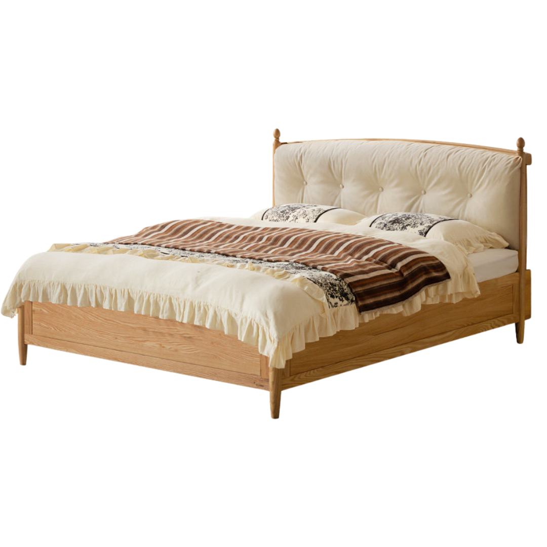 Oak,  Ash Solid Wood Bed — Modern Minimalist with Genuine Leather and Soft Headboard