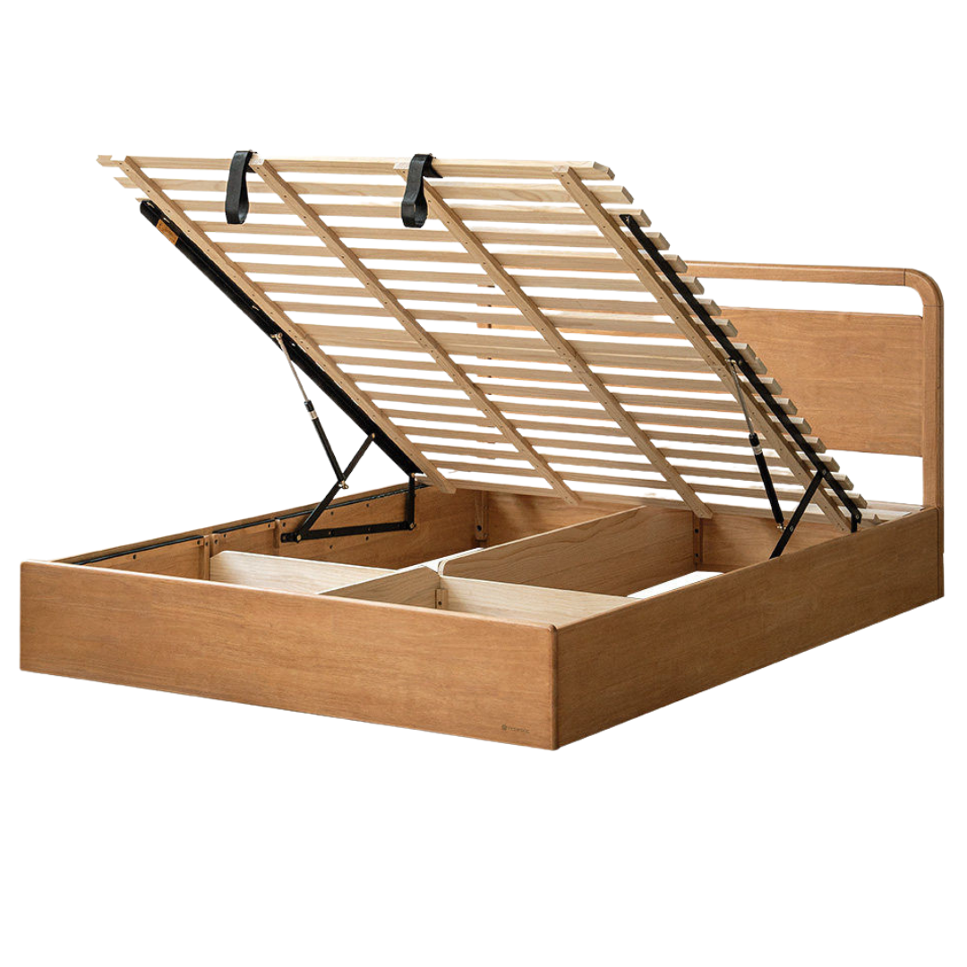 Oak, Rubberwood Solid Wood Storage Bed with Adjustable Height and Gas Lift