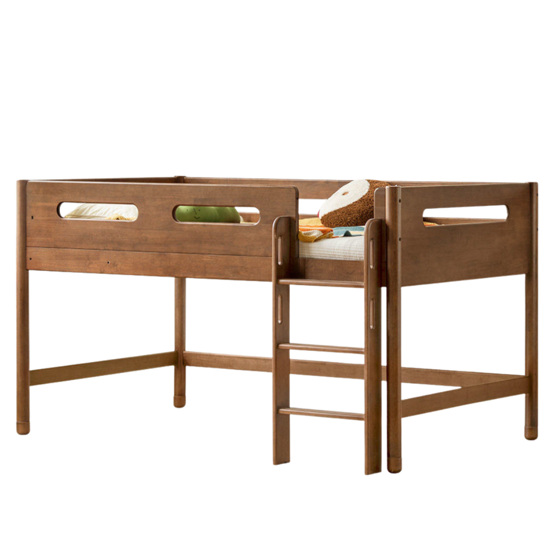 Rubberwood Solid Wood Mid-Height Kids Loft Bed with Staircase and Bookshelf Storage