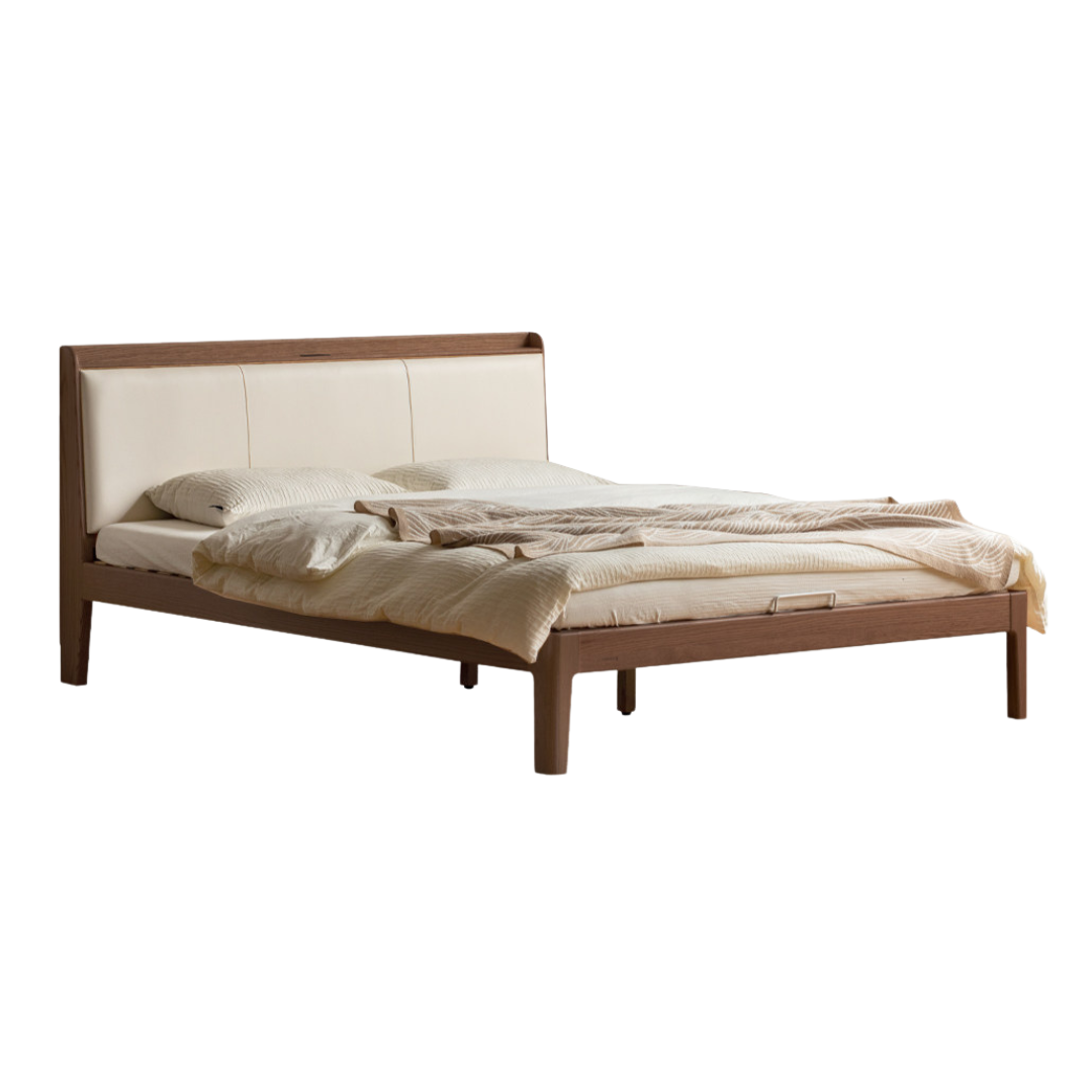 Oak, Golden Rosewood Solid Wood Platform Bed with Upholstered Panel Headboard and Built Outlet