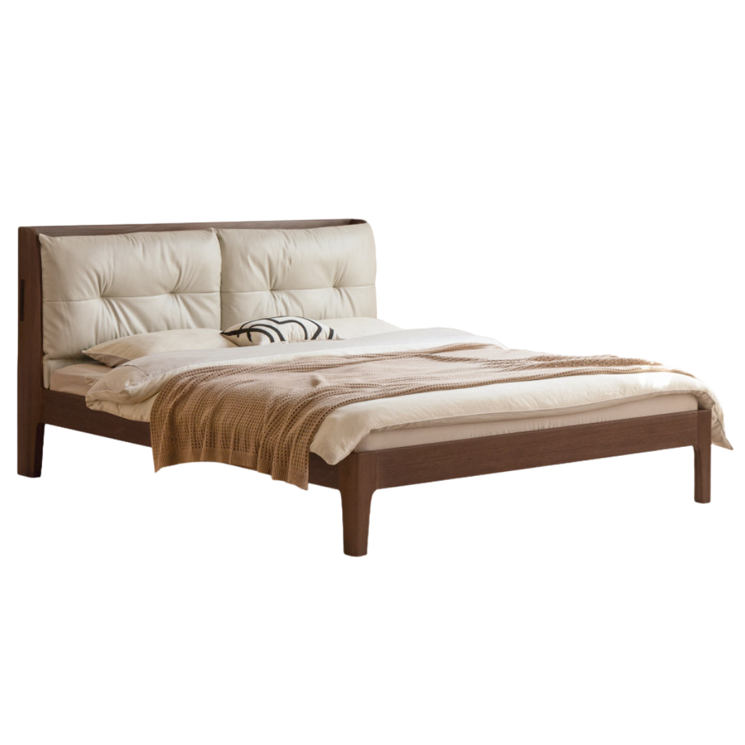 Black Walnut, Sandalwood, Catalpa, Golden Rosewood Solid Wood Bed — Genuine Leather Upholstered, Simple Luxury Design