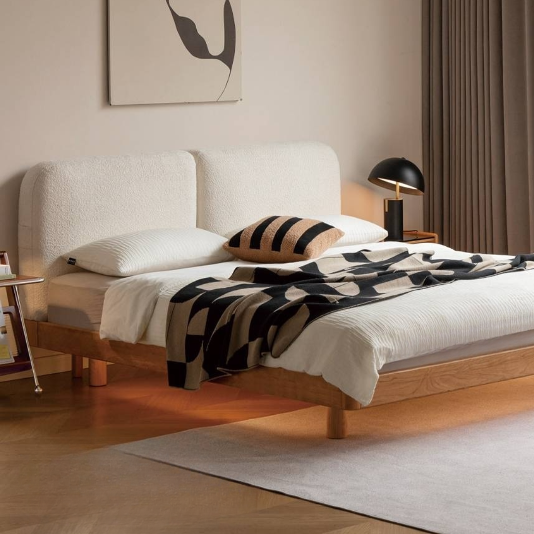 Cherry Solid Wood Upholstered Bed — Platform Bed, Headboard-Free Bed Floor Style, Simple Floating Bed