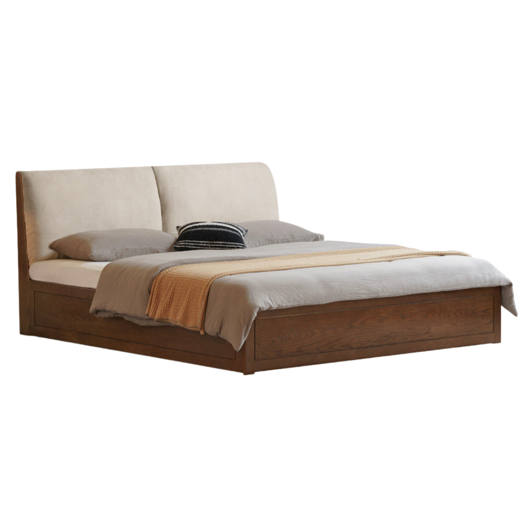 Oak Solid Wood Bed - Genuine Leather, Fabric Upholstered Soft