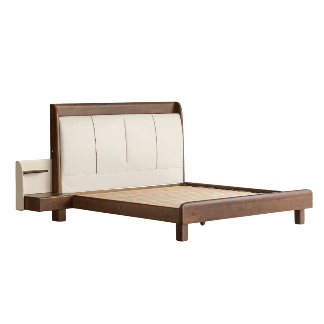Black Walnut Solid Wood Genuine Leather Curved Leather Bed with Floating Base and LED Lighting