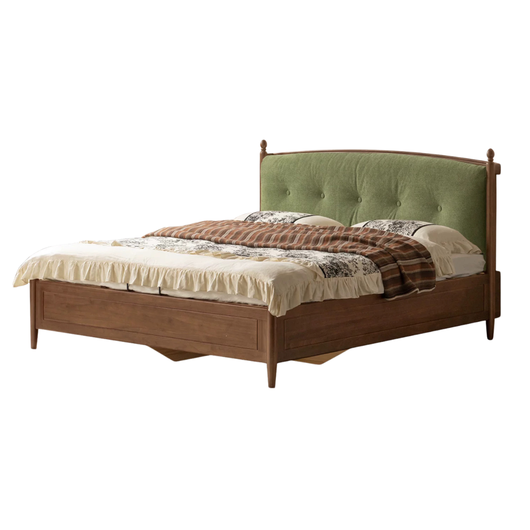 Black Walnut Solid Wood American Vintage Bed with Removable Headboard Cushion