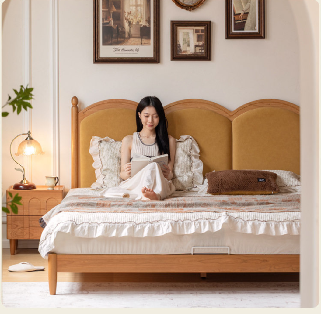 Cherry Wood Solid Wood French Country Bed with Scalloped Arch Panel Headboard