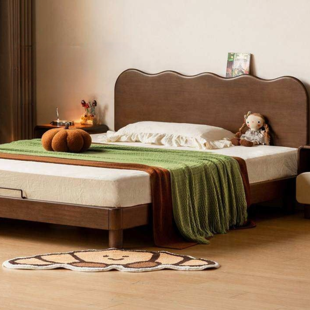 Rubberwood Solid Wood Low Kids Bed with Removable Legs and Adjustable Headboard Height