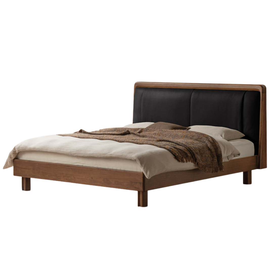 Black Walnut Solid Wood Italian Genuine Leather Bed with Down-Filled Upholstered Headboard