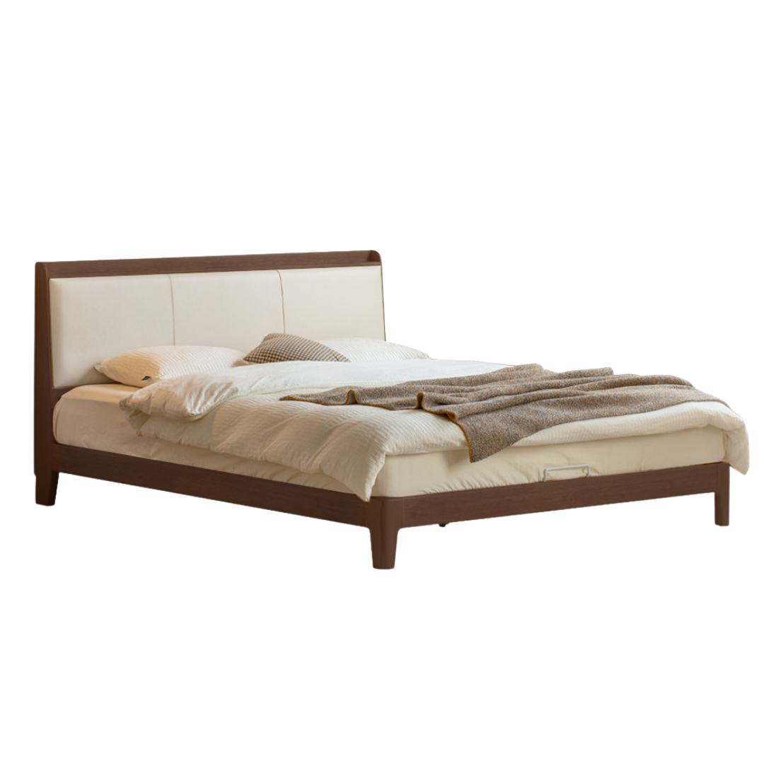 Oak, Golden Rosewood Solid Wood Platform Bed with Upholstered Panel Headboard and Built Outlet