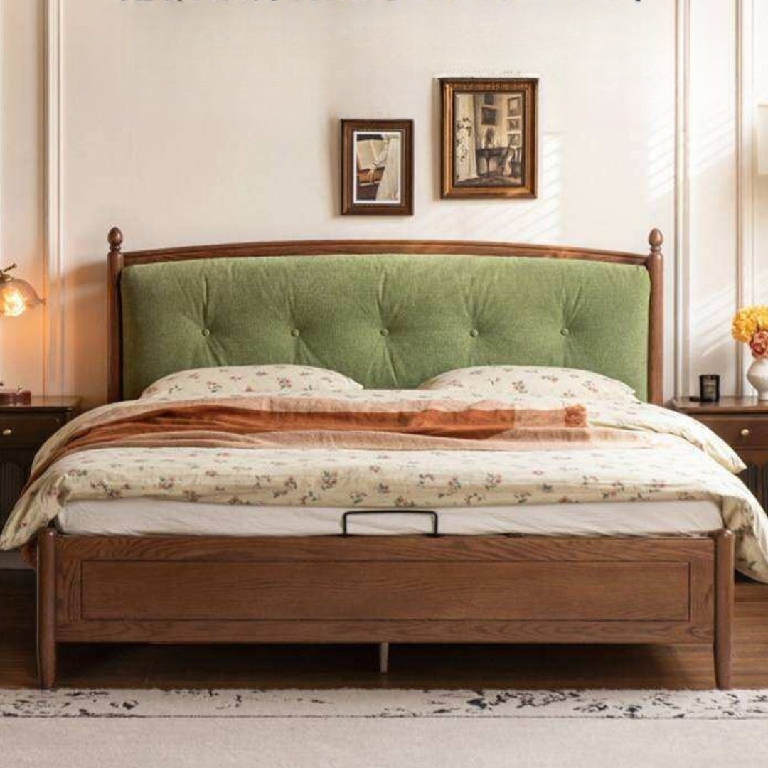 Oak Solid Wood French Country Tufted Storage Bed with Gas Lift and Turned Posts