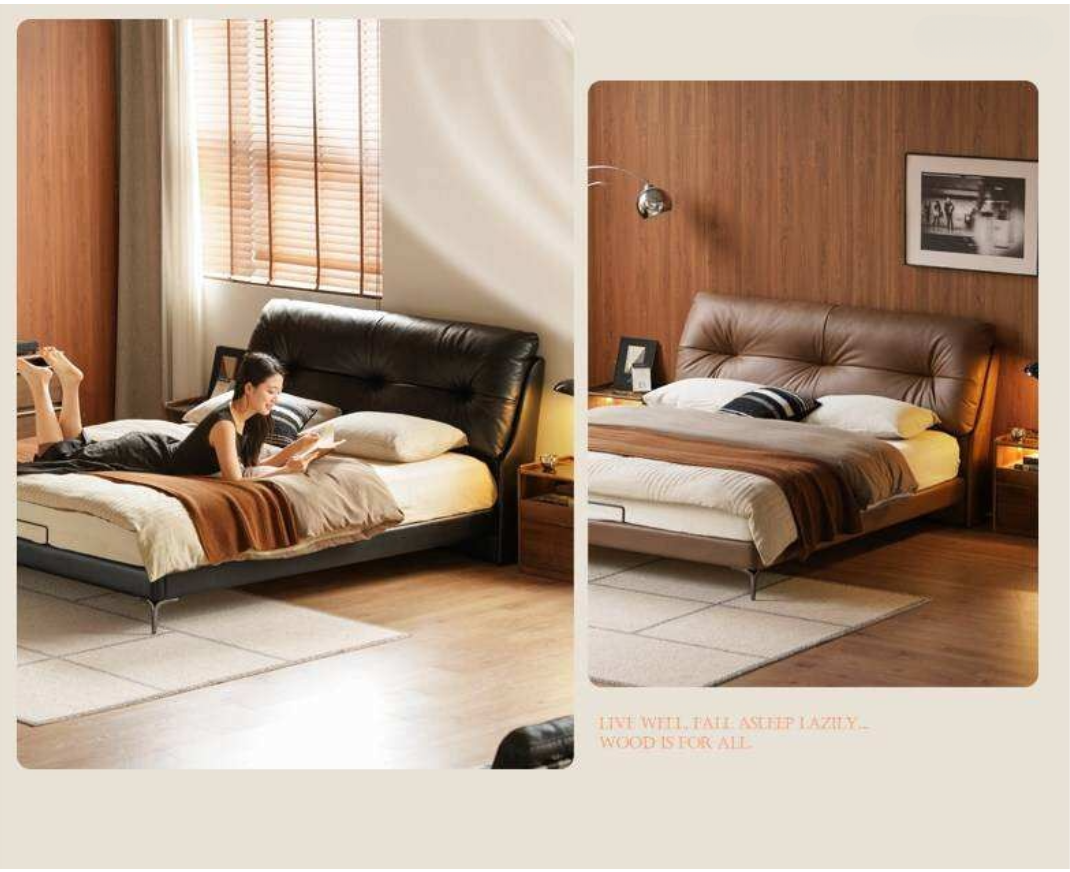 Genuine Leather Platform Bed with Curved Tufted Headboard and Tapered Metal Legs