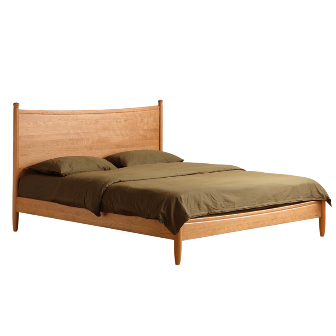 Cherry Solid Wood Nordic Platform Bed with Curved Panel Headboard