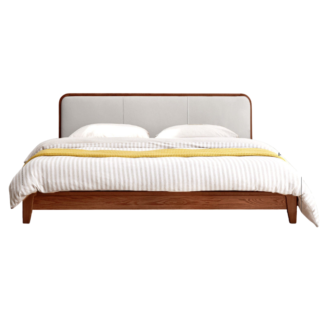 Oak Solid Wood Bed Modern Genuine Leather,Technology Cloth, Fabric